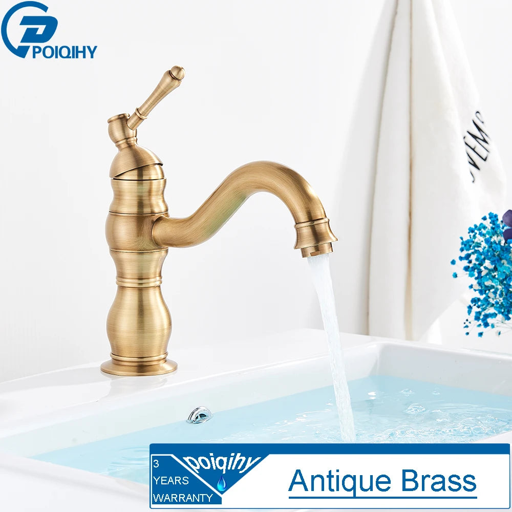 POIQIHY Antique Brass Basin Vessel Sink Faucet Deck Mounted One Hole Cold Hot Water Cold Hot Mixer Tap Bathroom Faucet  1 Hole