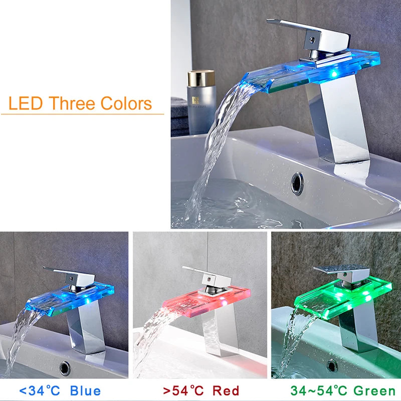 ROVOGO LED Bathroom Faucet Waterfall Brass Basin Faucet Cold Hot Mixer Tap Deck Mounted Sink Mixer Crane