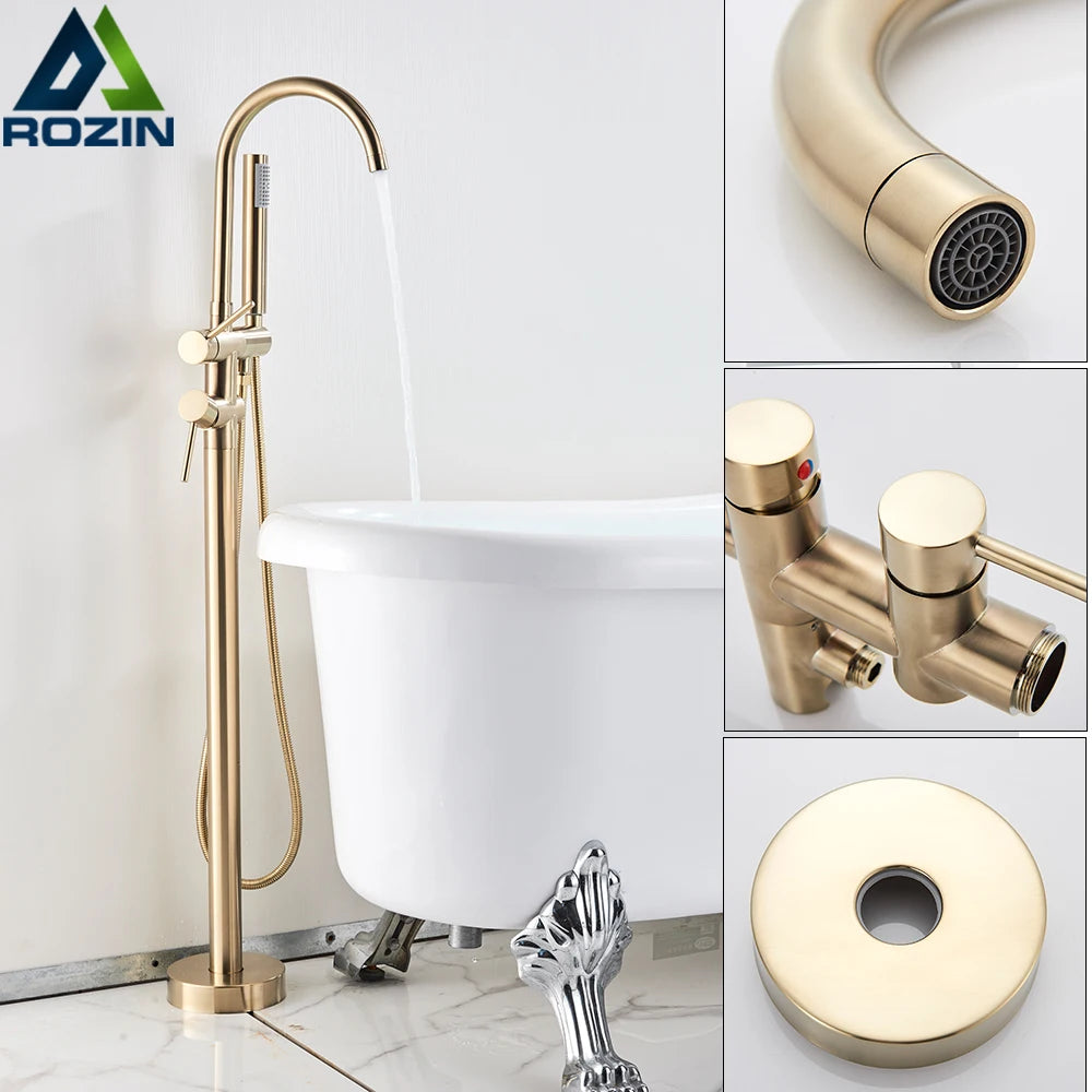 Rozin Brushed Gold Bathroom Faucet Floor Mounted Freestanding Bathtub Shower Mixer Taps Hot Cold Water Crane with Handshower