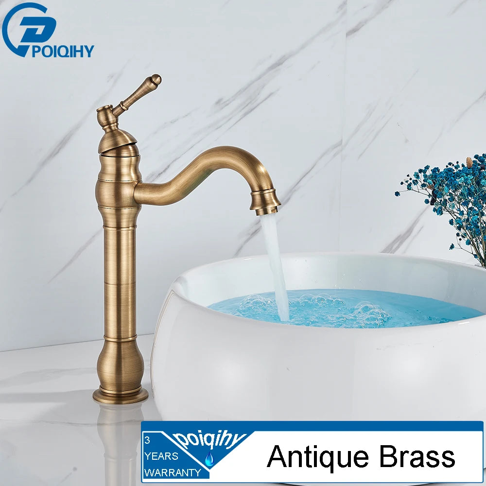 POIQIHY Antique Brass Basin Vessel Sink Faucet Deck Mounted One Hole Cold Hot Water Cold Hot Mixer Tap Bathroom Faucet  1 Hole