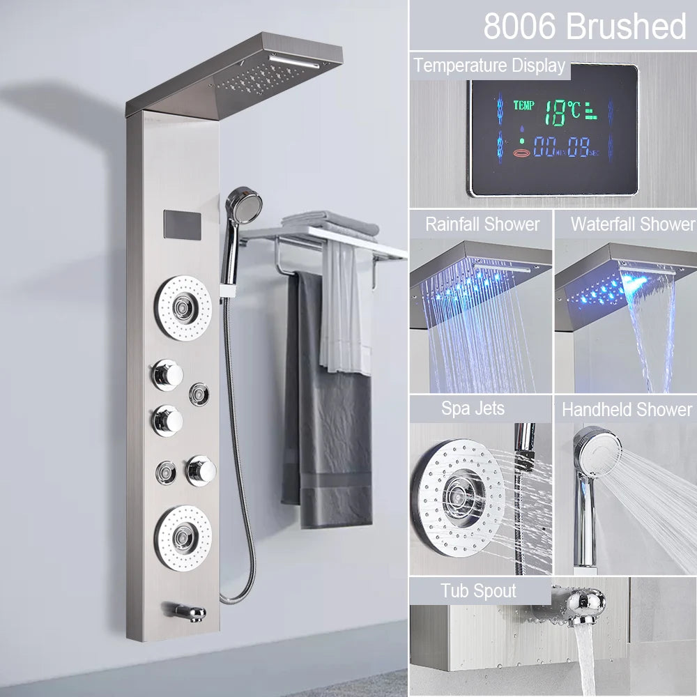 LED Shower Panel Waterfall Rain Digital Display Shower Faucet Set SPA Massage Jet Bathroom Column Mixer Tap Tower System