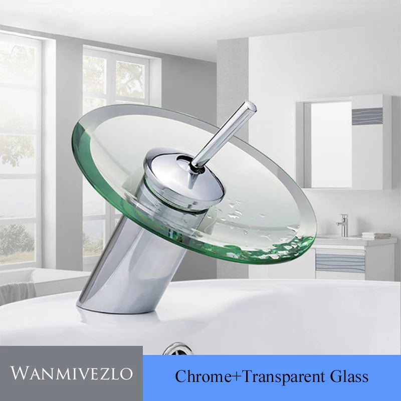 Colorful Glass Waterfall Bathroom Basin Sink Faucet Chrome Basin Sink Faucet Single Lever Deck Mounted Round Mixer Tap