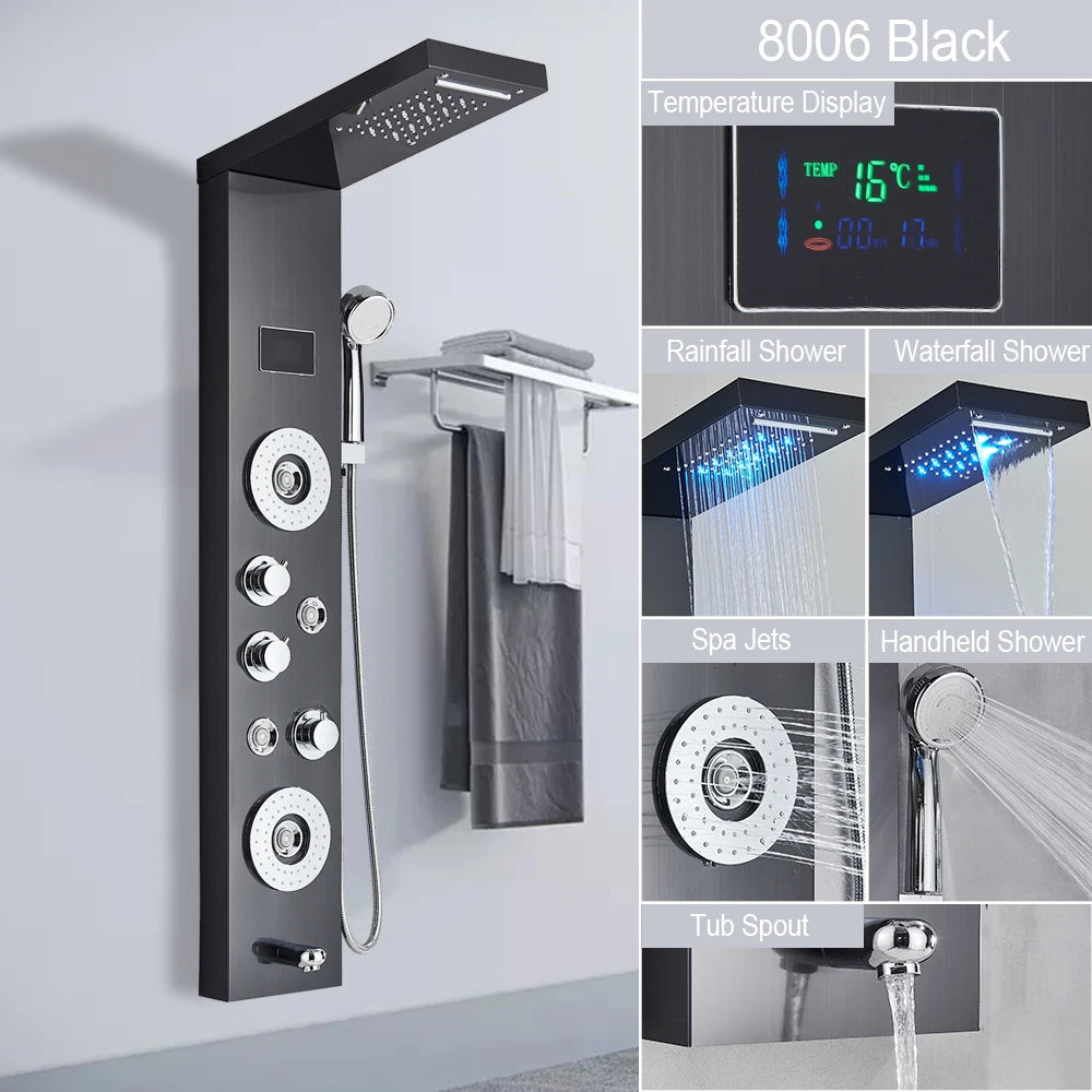 LED Shower Panel Waterfall Rain Digital Display Shower Faucet Set SPA Massage Jet Bathroom Column Mixer Tap Tower System