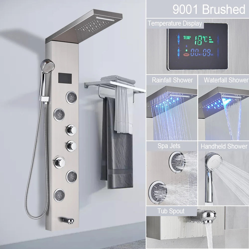 LED Shower Panel Waterfall Rain Digital Display Shower Faucet Set SPA Massage Jet Bathroom Column Mixer Tap Tower System