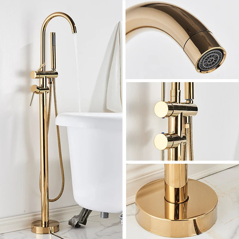 Rozin Brushed Gold Bathroom Faucet Floor Mounted Freestanding Bathtub Shower Mixer Taps Hot Cold Water Crane with Handshower