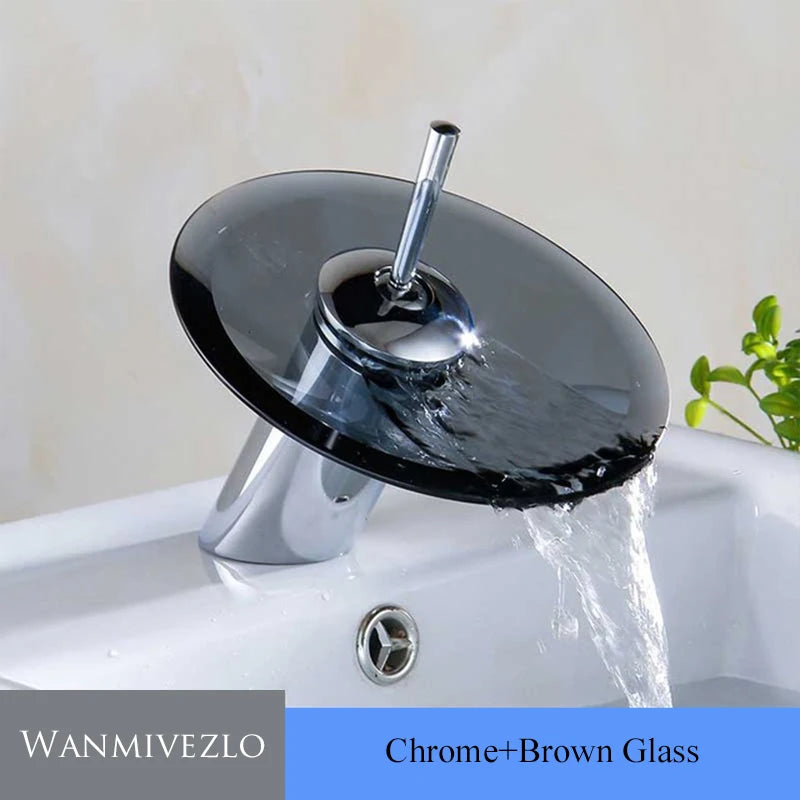 Colorful Glass Waterfall Bathroom Basin Sink Faucet Chrome Basin Sink Faucet Single Lever Deck Mounted Round Mixer Tap