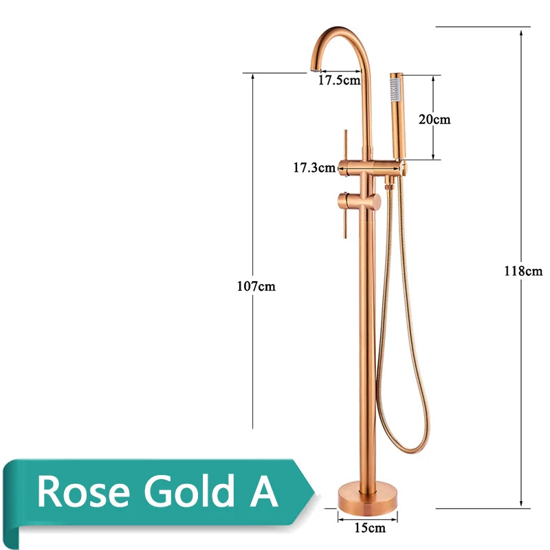 Rozin Brushed Gold Bathroom Faucet Floor Mounted Freestanding Bathtub Shower Mixer Taps Hot Cold Water Crane with Handshower