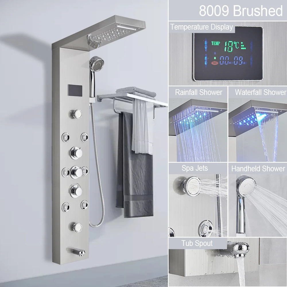 LED Shower Panel Waterfall Rain Digital Display Shower Faucet Set SPA Massage Jet Bathroom Column Mixer Tap Tower System