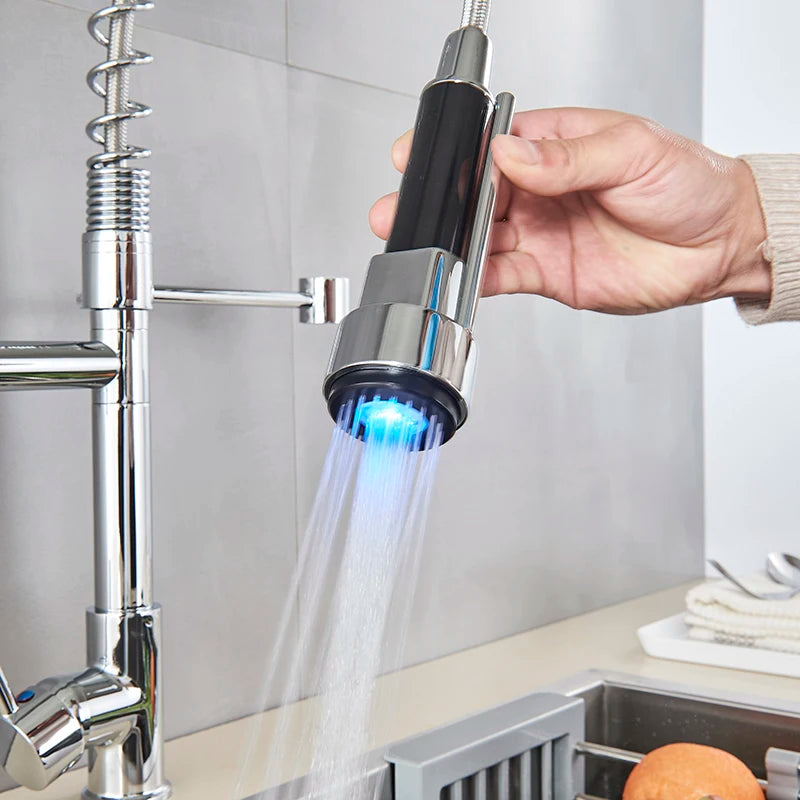 Kitchen Faucet Brushed LED Light Pull-down spring Kitchen Mixer with Hot Cold Water Single Handle Swivel Spout Handheld Head