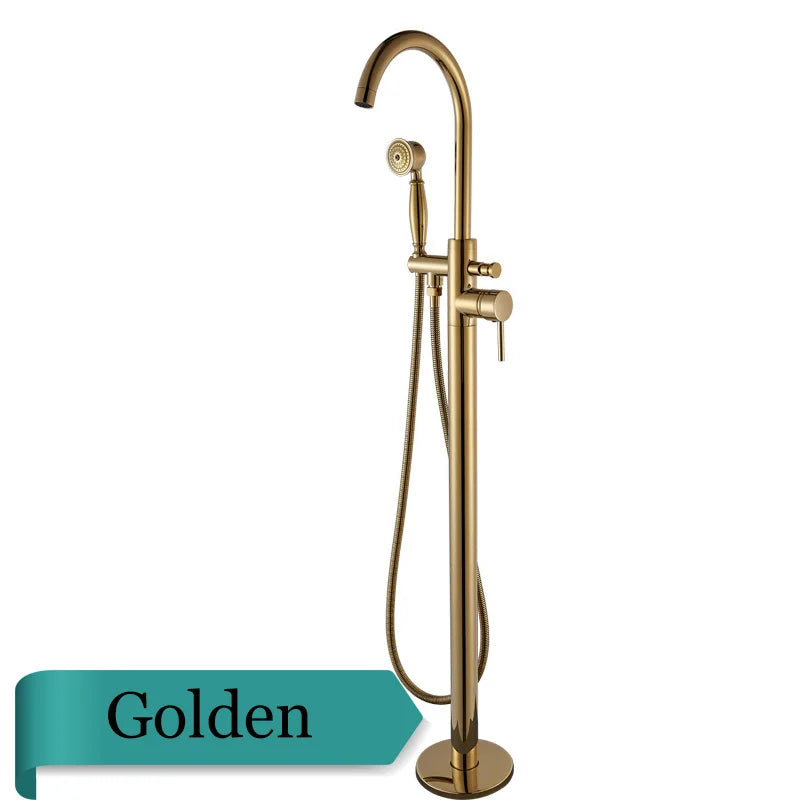 Rozin Brushed Gold Bathroom Faucet Floor Mounted Freestanding Bathtub Shower Mixer Taps Hot Cold Water Crane with Handshower