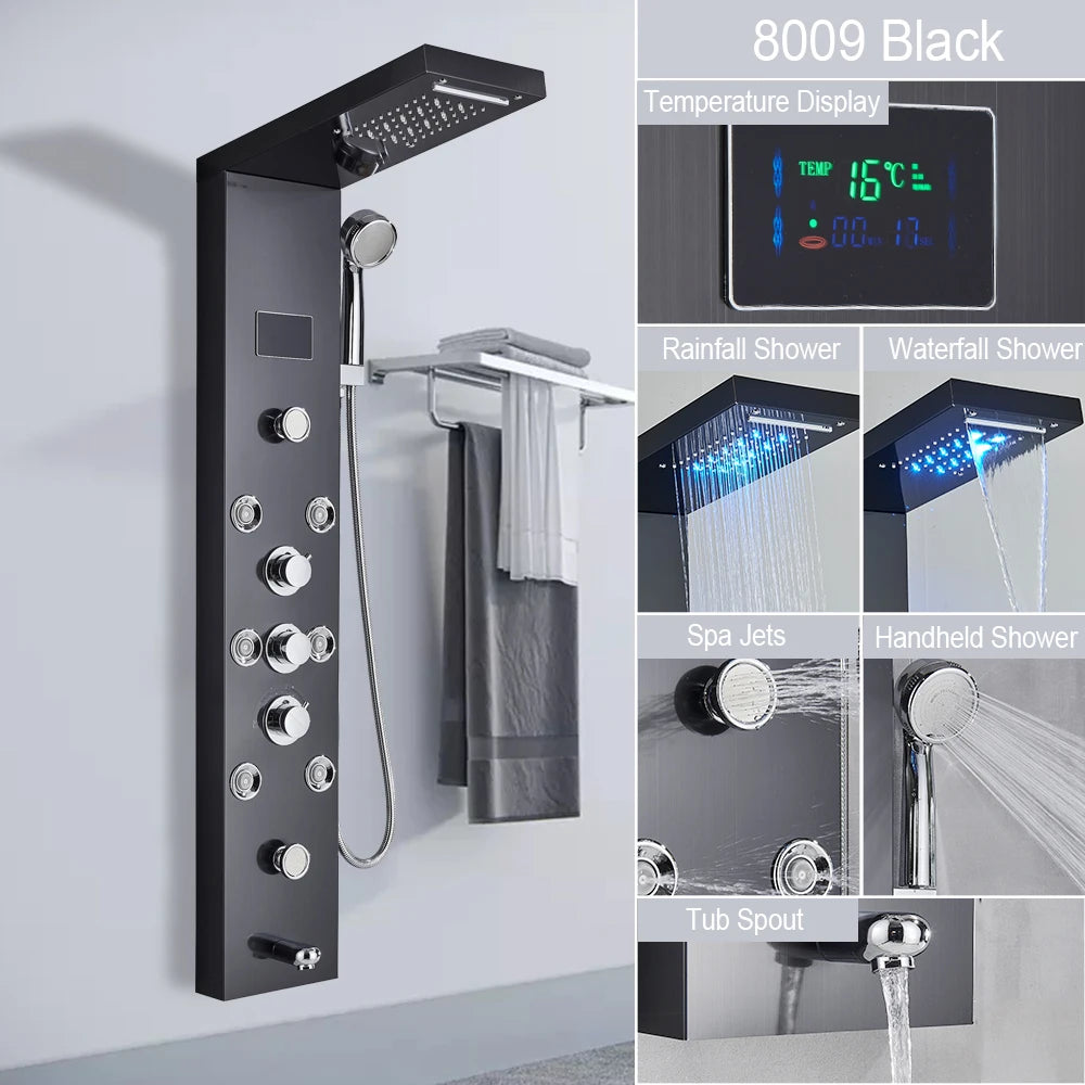 LED Shower Panel Waterfall Rain Digital Display Shower Faucet Set SPA Massage Jet Bathroom Column Mixer Tap Tower System