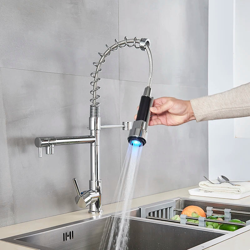 Kitchen Faucet Brushed LED Light Pull-down spring Kitchen Mixer with Hot Cold Water Single Handle Swivel Spout Handheld Head