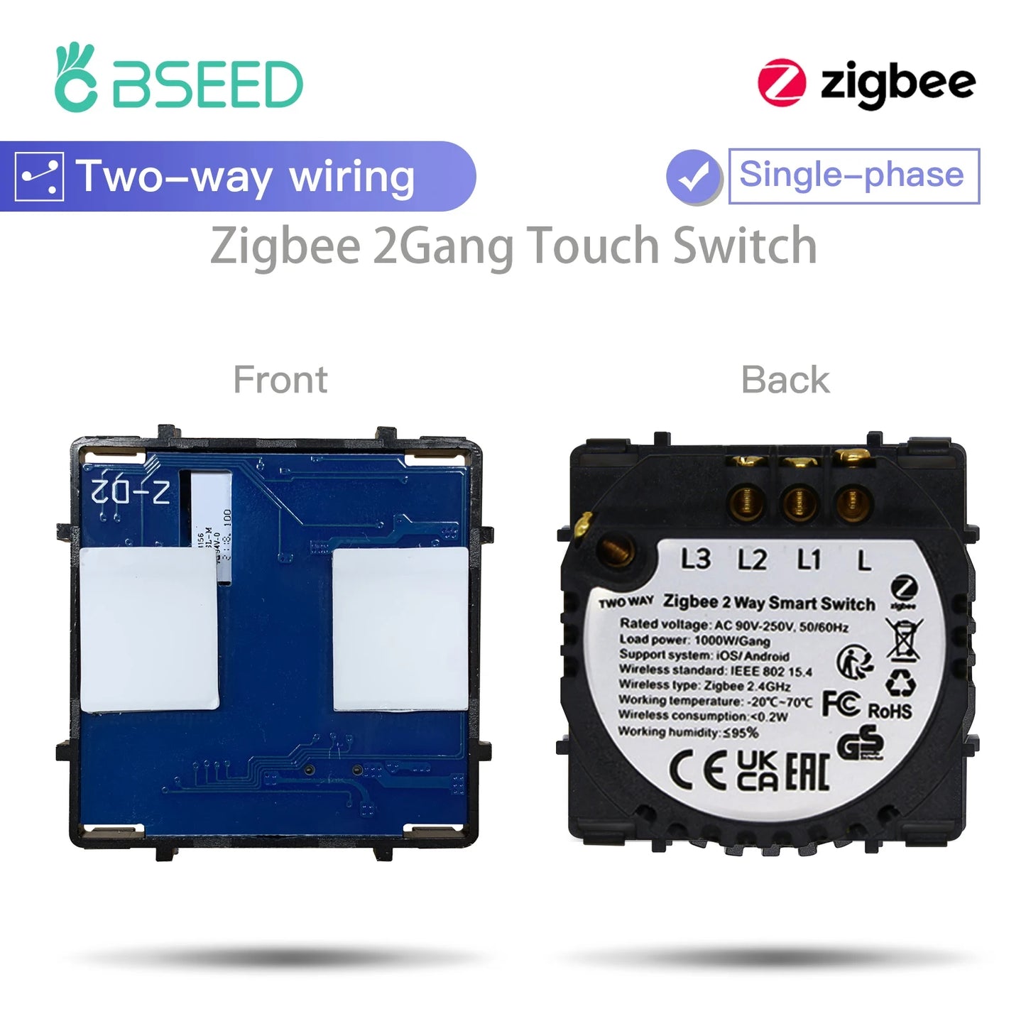 BSEED Zigbee Smart Switch 1/2/3Gang Touch Light Switch 2Way Function Part Smart Home Tuya Alexa Control Without Glass Panel