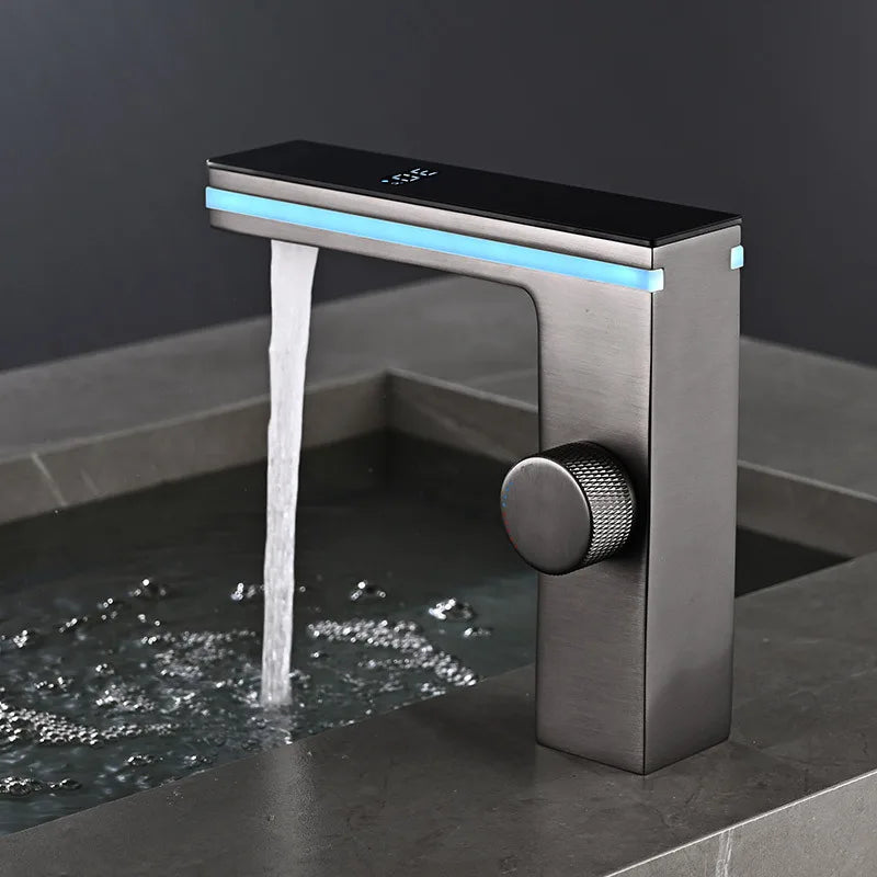 Digital Display Bathroom Basin Faucet Intelligent LED Brass Deck Mounted Washbasin Crane Hot Cold Water Mixer Sink Vanity Tap