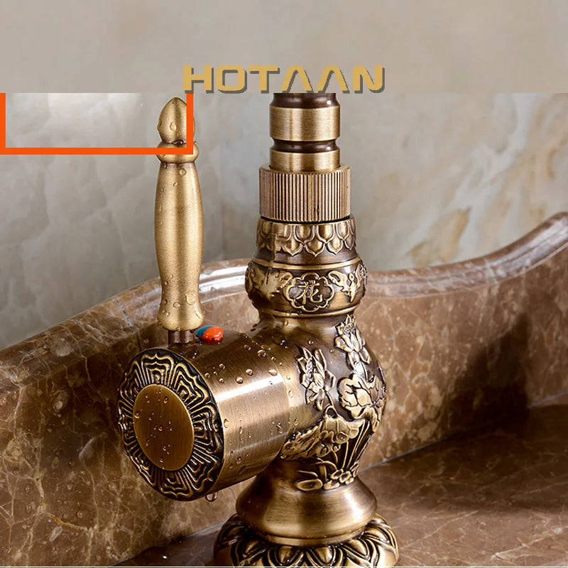 Luxury Antique Bronze Copper Carving Deck Mounted Kitchen Faucet Bathroom Basin Faucet Sink Faucet Mixer Hot and Cold Water Tap