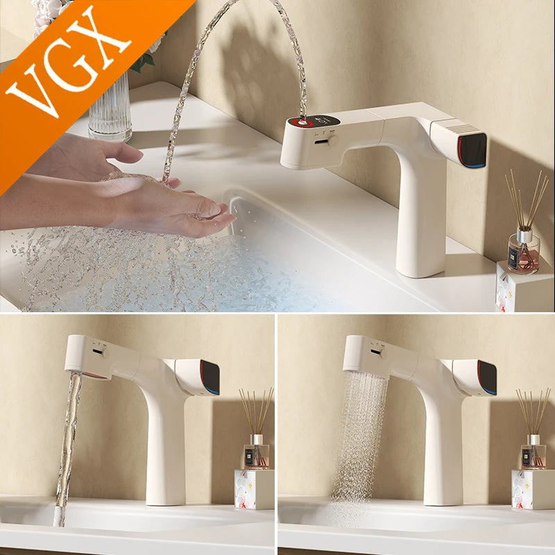 VGX Purified Bathroom Faucets Pull Out Water Filter Tap Basin Mixer Sink Faucet Gourmet LED Temperature Tap  Brass Tapware Crane