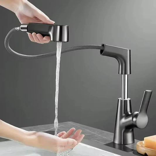 Pull Out Lift Kitchen Faucet 360° Rotatable Bathroom Basin Faucet Stainless Steel Kitchen Sink Faucet with Pull Out Sprayer