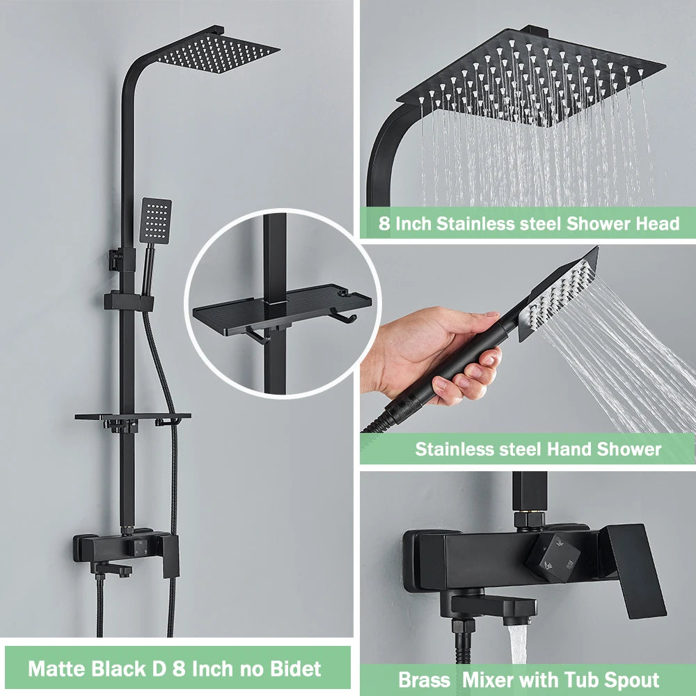 Rozin Rainfall Bathroom Shower Faucet Set With Bidet Mixer Tap Black Wall Mounted Brass Bath Cabin System With Rack,Tub Spout