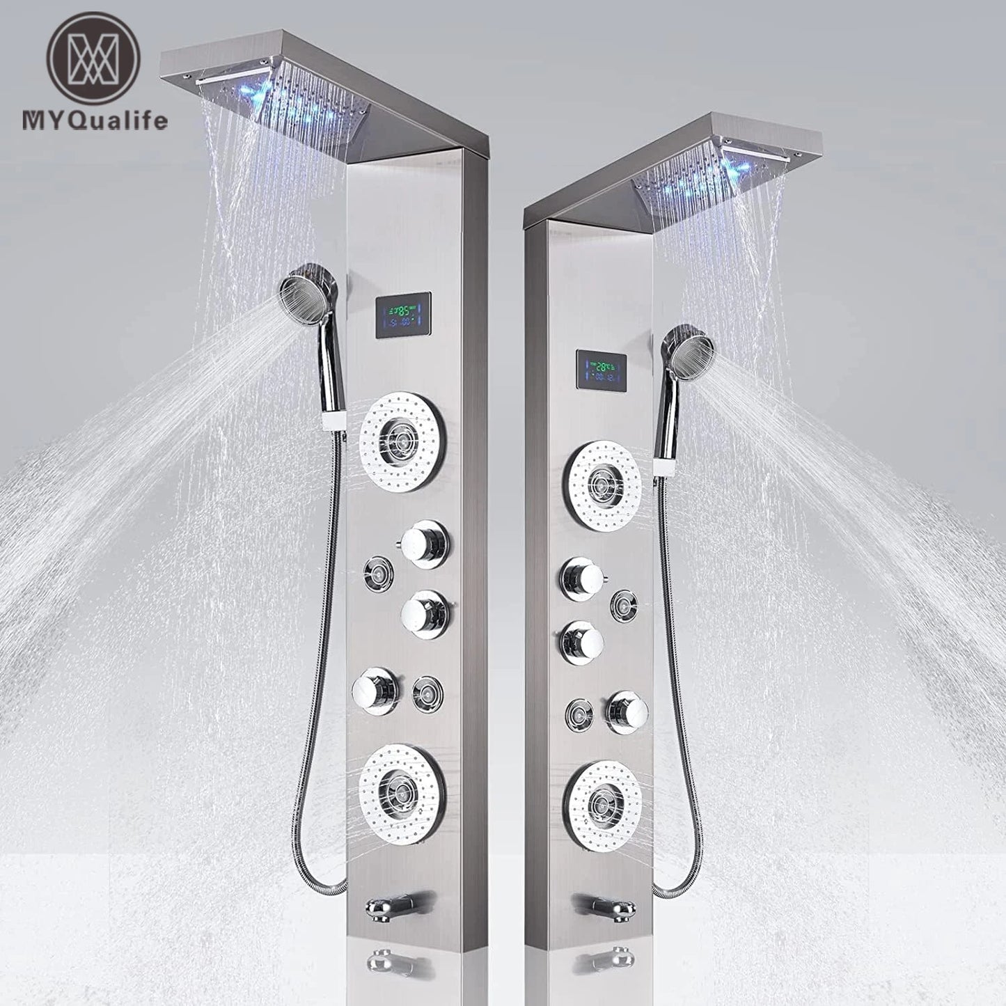 LED Shower Panel Waterfall Rain Digital Display Shower Faucet Set SPA Massage Jet Bathroom Column Mixer Tap Tower System