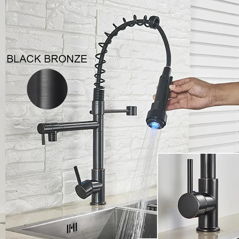 Kitchen Faucet Brushed LED Light Pull-down spring Kitchen Mixer with Hot Cold Water Single Handle Swivel Spout Handheld Head