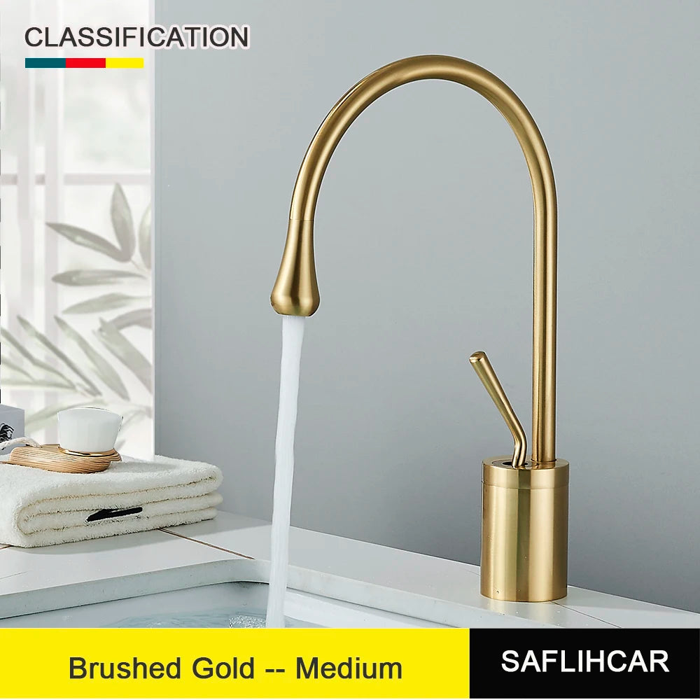 New Brushed Gold Bathroom Basin Faucet Single Lever 360 Spout Moder Brass Hot Cold Mixer Water Sink Tap  For Kitchen