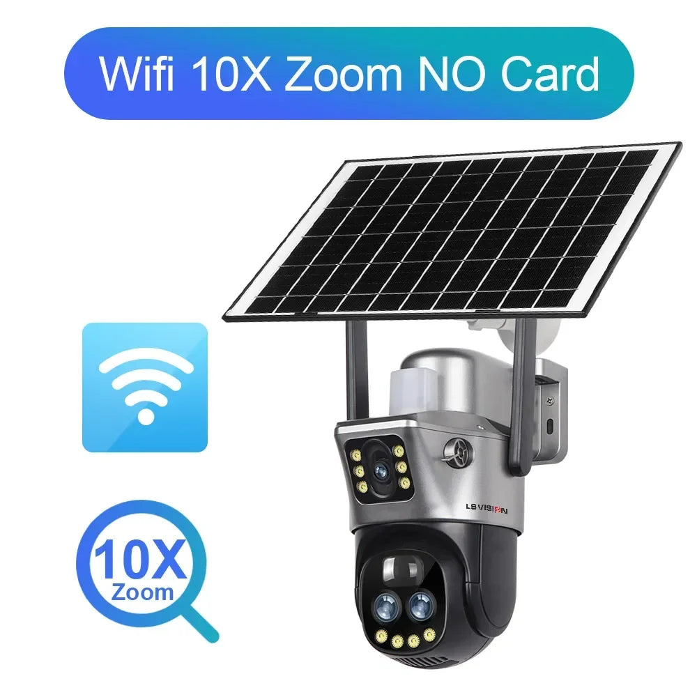 LS VISION 12MP Dual Screen 4G Solar Camera 10X Zoom Outdoor 6K WiFi PTZ Red Blue Light Alarm Auto Tracking CCTV Cameras V380 Pro