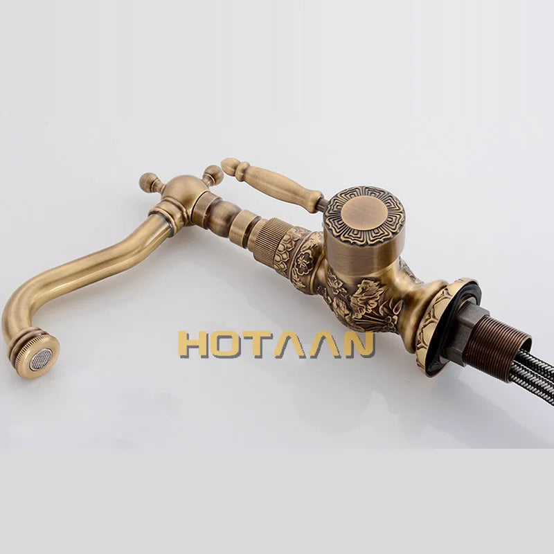 Luxury Antique Bronze Copper Carving Deck Mounted Kitchen Faucet Bathroom Basin Faucet Sink Faucet Mixer Hot and Cold Water Tap