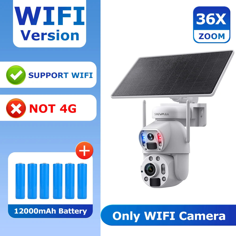 SHIWOJIA 3MP 6MP 36X Zoom Dual Screen Solar Camera Camera Dual PIR Humanoid Tracking Outdoor Security Cameras 12000mA battery