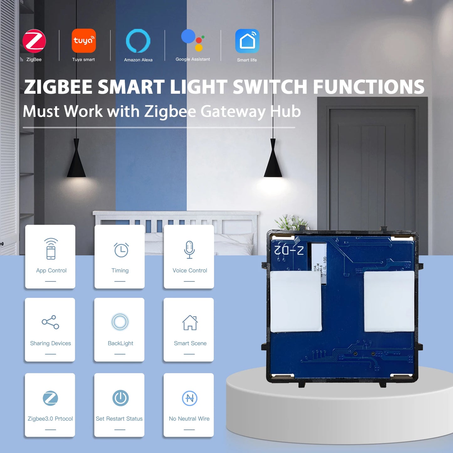 BSEED Zigbee Smart Switch 1/2/3Gang Touch Light Switch 2Way Function Part Smart Home Tuya Alexa Control Without Glass Panel