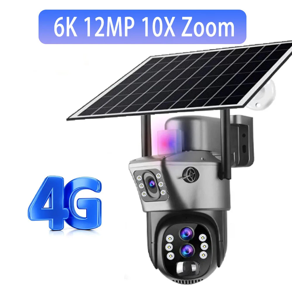 Solar Outdoor Surveillance Camera 4G Sim 6K 12MP Three Lens 10 Digital Zoom Wireless Cctv PTZ IP66 Security Solar Panel Cameras