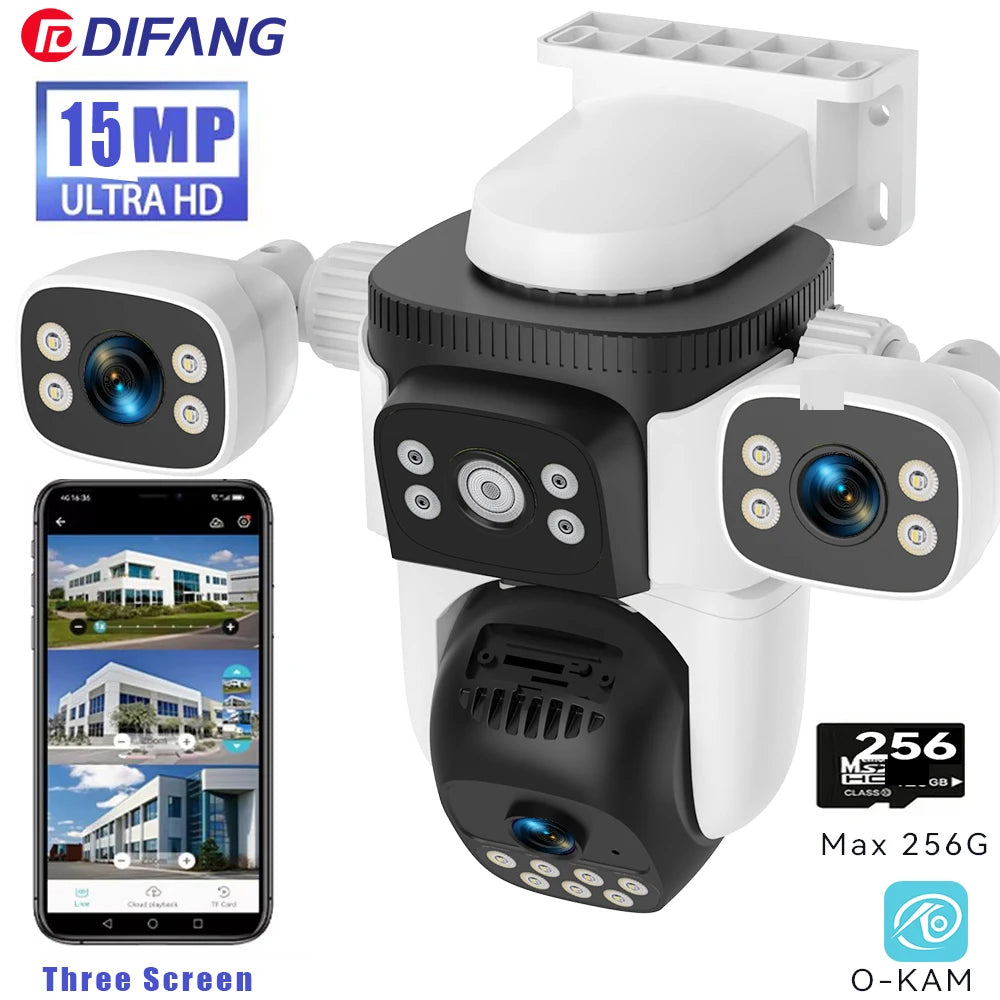 15MP UHD WiFi6 Camera 8K Three Screen Wireless Surveillance Cam Outdoor PTZ Auto Tracking Waterproof CCTV Security IP Camera