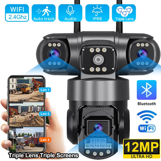 V380 Pro WiFi IP Camera Outdoor 12MP 6K Triple Lenses Triple Screens Security Video Monitor Night Vision Waterproof CCTV Cameras