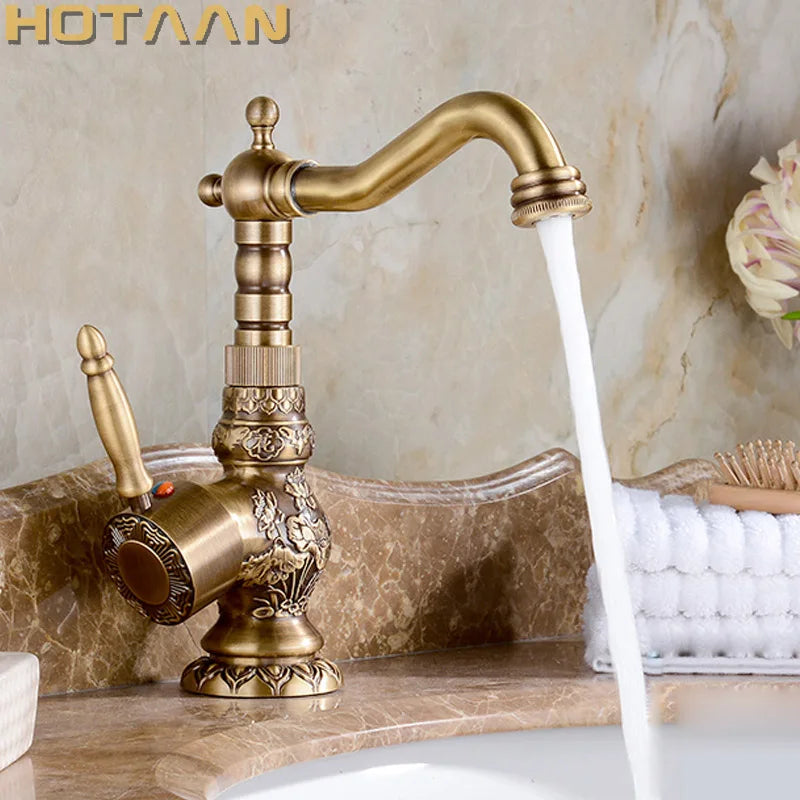 Luxury Antique Bronze Copper Carving Deck Mounted Kitchen Faucet Bathroom Basin Faucet Sink Faucet Mixer Hot and Cold Water Tap