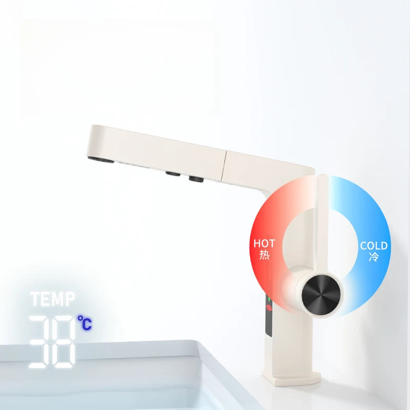 Cream Wind Faucet White Pull-out Digital All-copper Hot and Cold Water Washbasin Basin Household Universal Telescopic