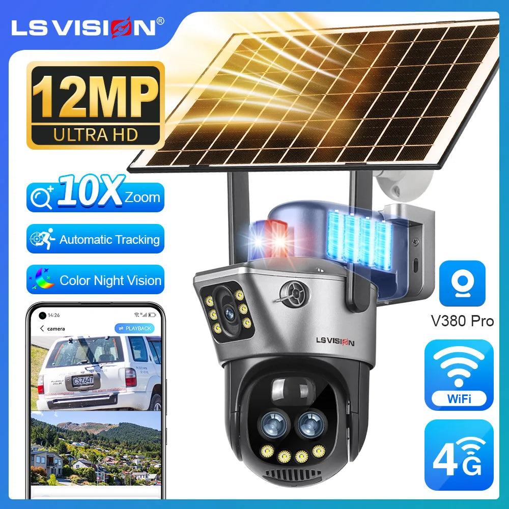 LS VISION 12MP Dual Screen 4G Solar Camera 10X Zoom Outdoor 6K WiFi PTZ Red Blue Light Alarm Auto Tracking CCTV Cameras V380 Pro