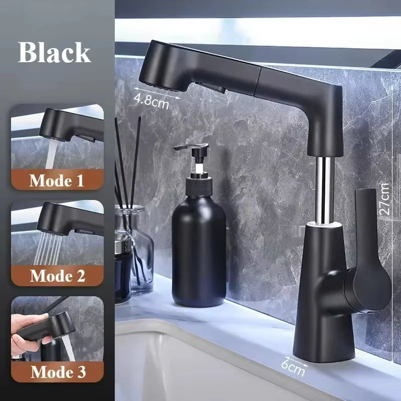 Pull Out Lift Kitchen Faucet 360° Rotatable Bathroom Basin Faucet Stainless Steel Kitchen Sink Faucet with Pull Out Sprayer