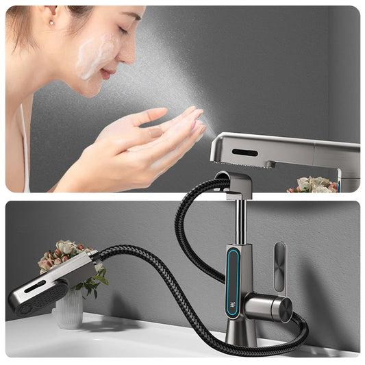 Gunmetal Grey Digital Display Pull-out Washbasin Faucet Lift Multi-function Household Bathroom Hot and Cold Washbasin Faucet