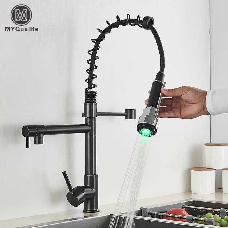 Kitchen Faucet Brushed LED Light Pull-down spring Kitchen Mixer with Hot Cold Water Single Handle Swivel Spout Handheld Head