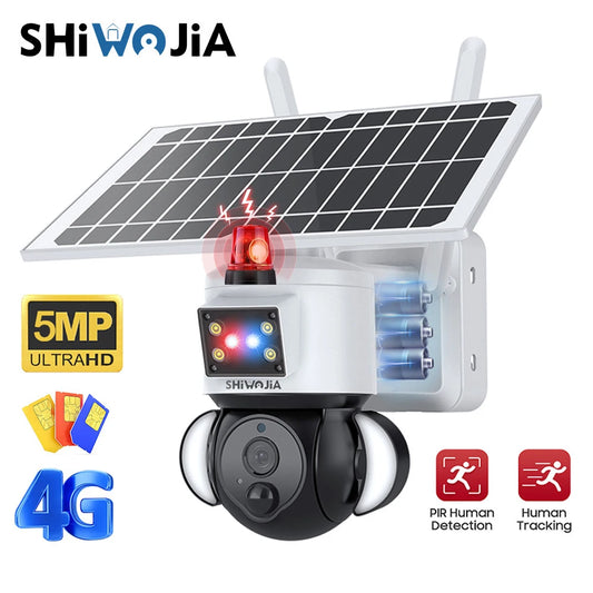 SHIWOJIA Solar Camera 4G/WiFi 5MP Security Outdoor 6W Solar IP Camera  Built-in Battery AI Red-Blue Light Alarm Human Detected