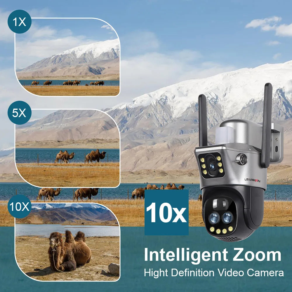 LS VISION 10x Zoom 4G Camera V380 Dual Screen Solar Camera Wifi IP Outdoor Human Detection Night Vision 12MP Security CCTV Cam