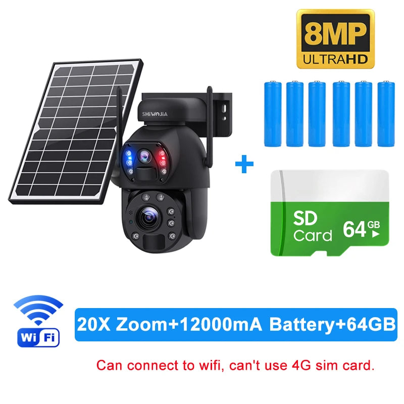 SHIWOJIA 4K 8MP 4G Solar Camera 20X Zoom Dual Lens Recording Humanoid Tracking Outdoor WIFI Camera Metal Waterproof CCTV 12000mA