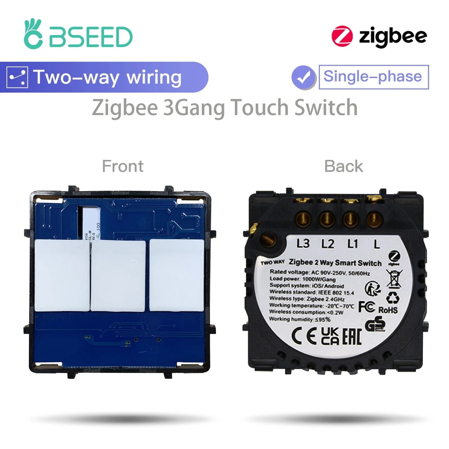 BSEED Zigbee Smart Switch 1/2/3Gang Touch Light Switch 2Way Function Part Smart Home Tuya Alexa Control Without Glass Panel