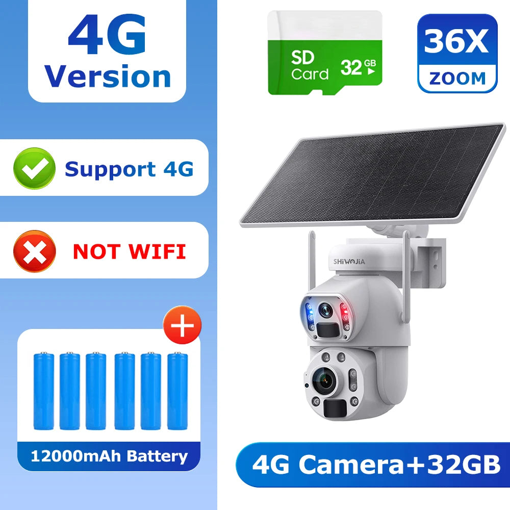 SHIWOJIA 3MP 6MP 36X Zoom Dual Screen Solar Camera Camera Dual PIR Humanoid Tracking Outdoor Security Cameras 12000mA battery