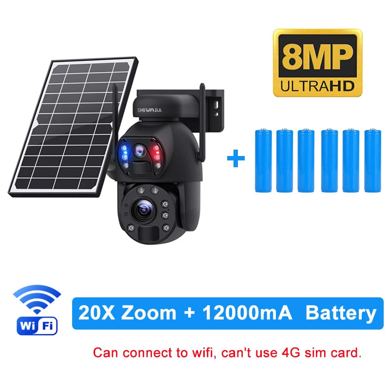 SHIWOJIA 4K 8MP 4G Solar Camera 20X Zoom Dual Lens Recording Humanoid Tracking Outdoor WIFI Camera Metal Waterproof CCTV 12000mA