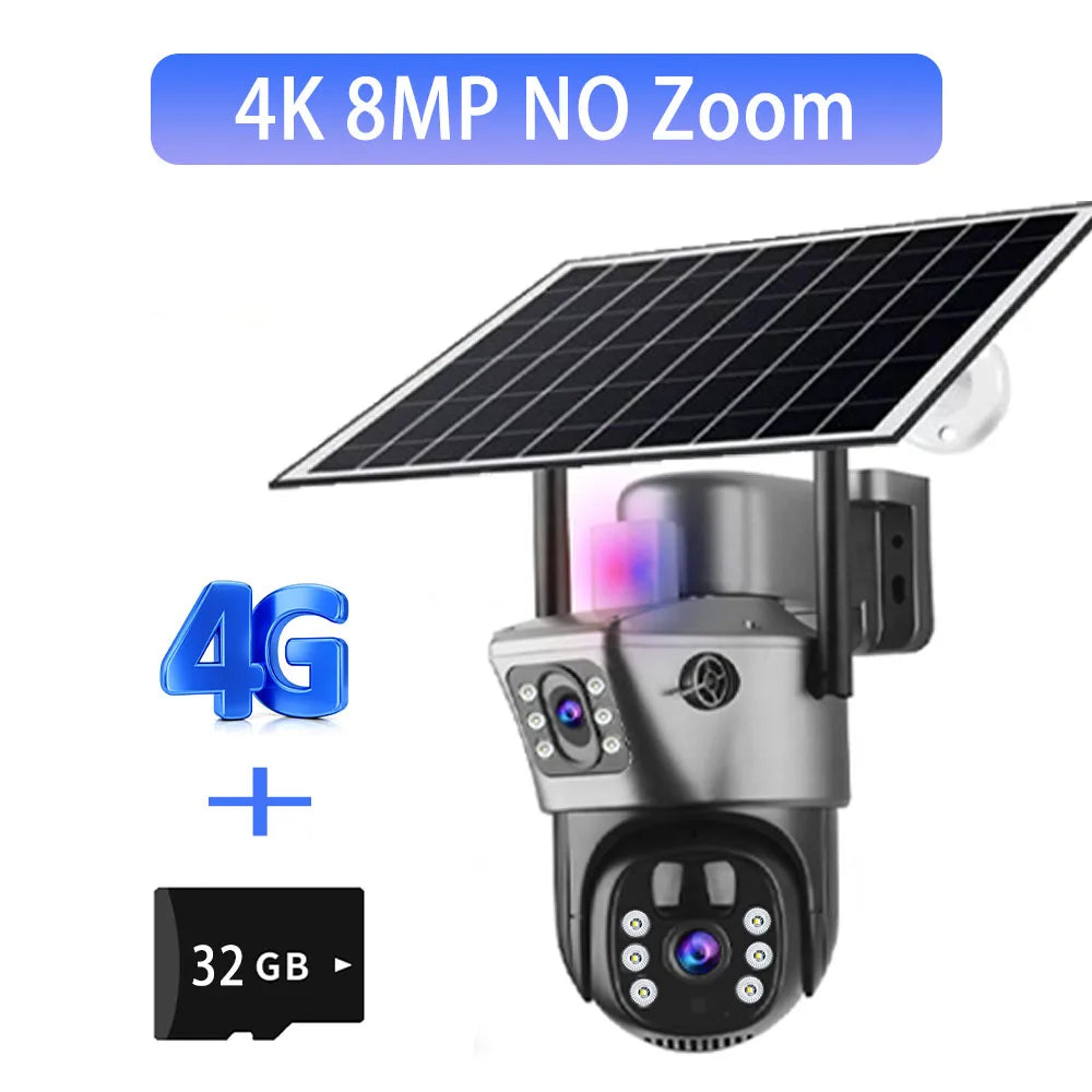 Solar Outdoor Surveillance Camera 4G Sim 6K 12MP Three Lens 10 Digital Zoom Wireless Cctv PTZ IP66 Security Solar Panel Cameras