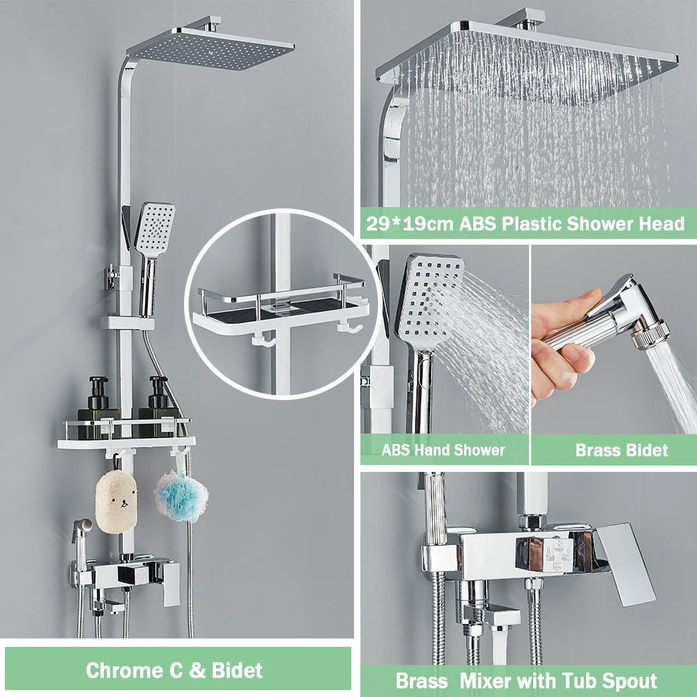 Rozin Rainfall Bathroom Shower Faucet Set With Bidet Mixer Tap Black Wall Mounted Brass Bath Cabin System With Rack,Tub Spout