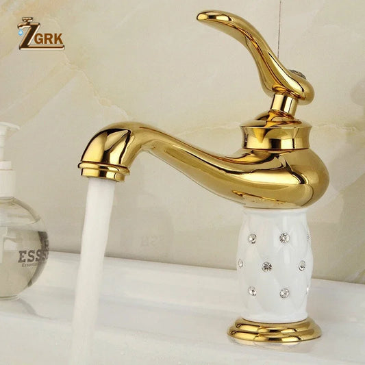 ZGRK Basin Faucets Diamond Gold Bathroom Faucet Single Handle Mixer Tap Hot and Cold Water Mixer Crane Bath Brass Mixer Tap