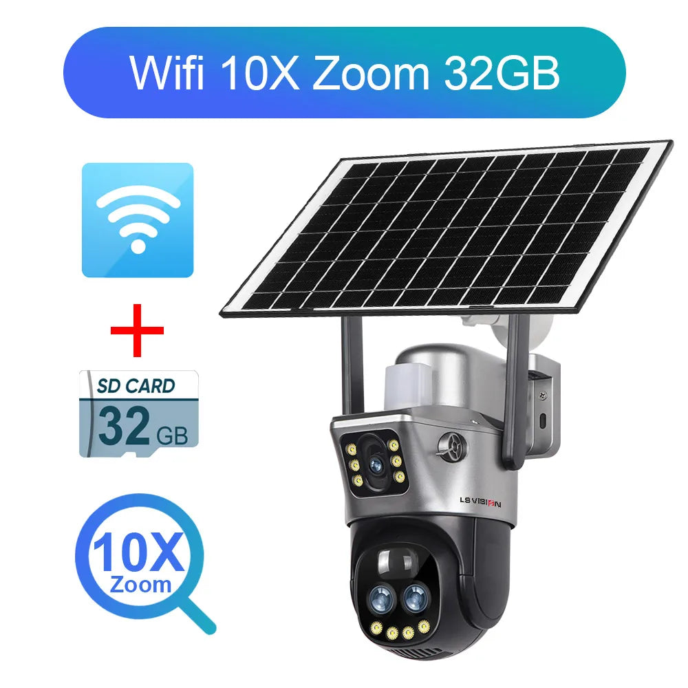 LS VISION 10x Zoom 4G Camera V380 Dual Screen Solar Camera Wifi IP Outdoor Human Detection Night Vision 12MP Security CCTV Cam