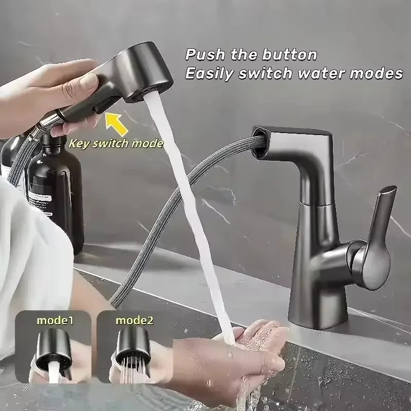 Pull Out Lift Kitchen Faucet 360° Rotatable Bathroom Basin Faucet Stainless Steel Kitchen Sink Faucet with Pull Out Sprayer