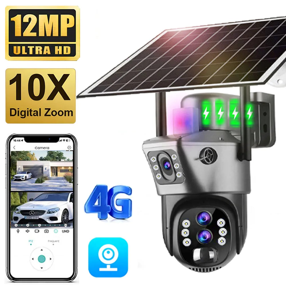 Solar Outdoor Surveillance Camera 4G Sim 6K 12MP Three Lens 10 Digital Zoom Wireless Cctv PTZ IP66 Security Solar Panel Cameras